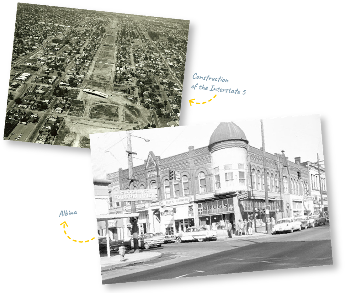 Arial photo of Interstate 5 construction. Photo of Albina neighborhood.